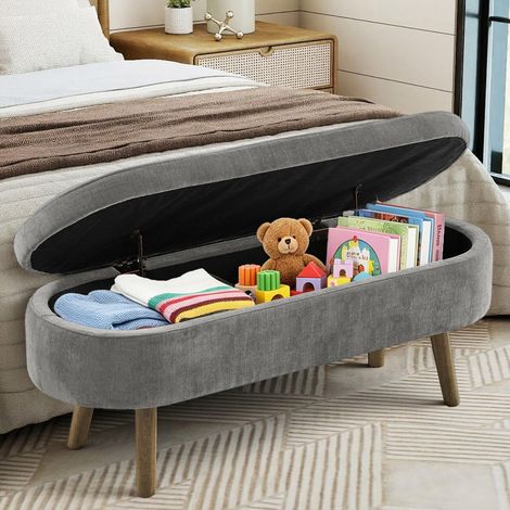 Banc de rangement multifonction, tissu chenille doux, pieds en bois massif, cadre en bois massif, 20L de rangement, 110x40x42cm, pour chambre, salon, banc à chaussures, entrée, gris foncé (1/5)