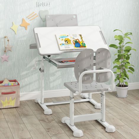 Ensemble de Bureau et Chaise pour Enfant Bureau d'Étude Réglable en Hauteur avec Plateau Inclinable Support de Livre Gris (1/2)