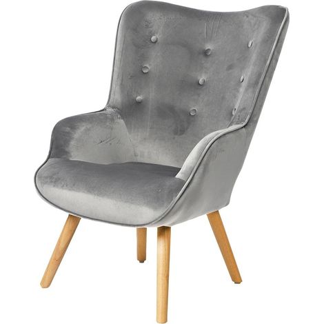 Poltrona da salotto in velluto grigio chiaro con piedi in legno collezione ENJOY. Stile scandinavo.