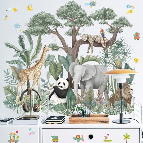 Autocollants muraux Cartoon Animal de forêt tropicale humide, amovibles de plantes vertes Lion Girafe Éléphant Stickers, DIY Mur Art Décor Décorations Pour La Mur Fenêtres Maison pour Salon (1/5)