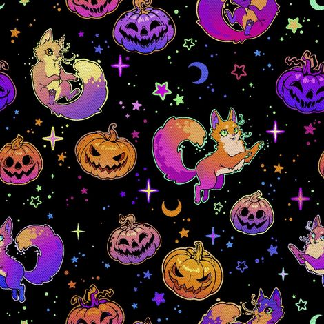 Tela decorativa Oxford para exteriores con estampado de gatos y calabazas por la noche. (1/5)