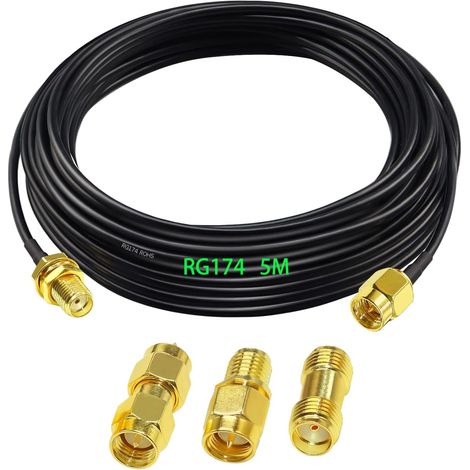 Adaptateur SMA Mâle Femelle, RG174 Câble Coaxial RF SMA 5m, Rallonge Antenne WLAN, Câble d'Extension pour Antenne Male/Femelle (50 Ohm) + 3 Pièces Adaptateurs Coaxiaux RF