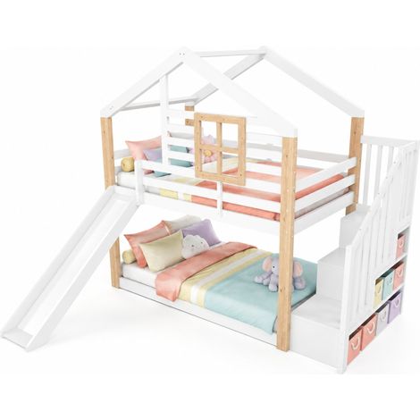 CHICFURN Litera infantil 90x200 cm de madera blanca con tobogán, escaleras y almacenaje (1/5)