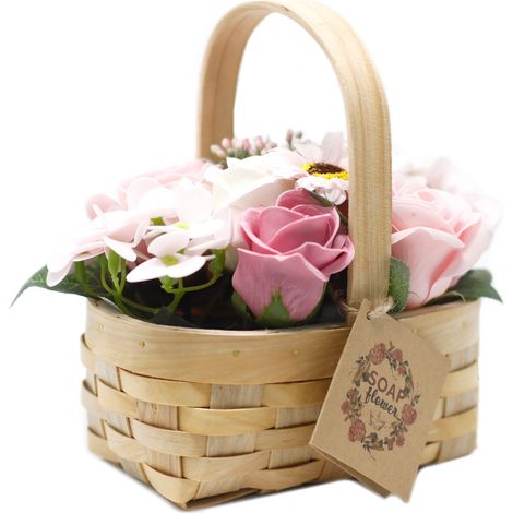 Bouquet rose moyen dans un panier en osier- Vendu par 1 (1/2)