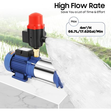230V 2500W Pompe à Eau, Pompe Centrifuge en Acier Inoxydable 2850 tr/min, Pompe de Jardin avec Pressostat Débit 66,7 l/min l'pour Arrosage des Fermes, l'arrosage des étangs (1/5)