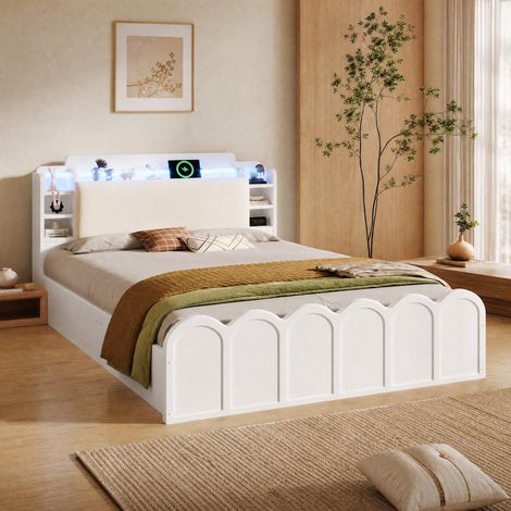 Lit coffre 140x200 cm en panneaux de bois blanc, LED et USB-C, gain de place – MEUBLIV (1/5)