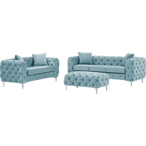 Divano 3 posti, 2 posti e pouf Chesterfield in velluto azzurro pastello - EDWINA (1/5)