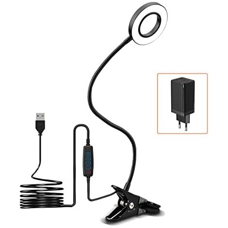 Lampe de Bureau à Pince 7W Lampe-Clip Dimmable 52LEDs 3 Modes de Couleur 10 Niveaux de Luminosité Lampe Clipsable Lampe de Lecture 360 ° Col de Cygne Flexible Lampe de Chevet Noir (1/5)