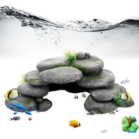 Grotte d'aquarium : grotte décorative d'aquarium avec herbe verte, grotte rocheuse Rock Cave Décoration Pierres, tortues Accessoires pour reptiles, cachette en résine haute montagne, pour (1/3)