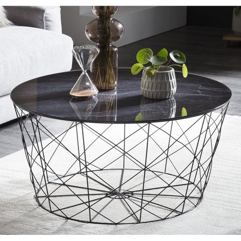 Table basse ronde avec panier de rangement en métal noir et plateau en verre effet marbre noir Ø 80 cm - PANGIVO (1/5)