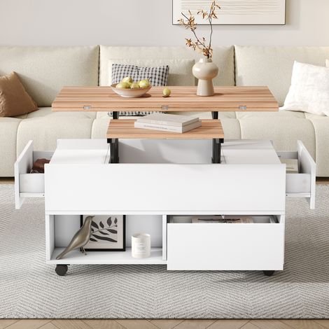 Tavolino da caffè 100x50x52 cm bianco e rovere in truciolare con piano sollevabile, 4 cassetti e ruote (1/5)