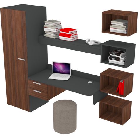 Scrivania sospesa design con mensola luminosa, pensili e armadio - Basalto e Noce (1/5)