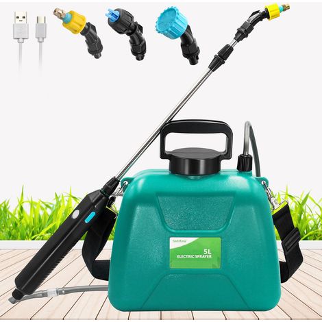 Pulvérisateur alimenté par batterie 5L, pulvérisateur de jardin électrique avec poignée rechargeable, 3 buses de brouillard et baguette télescopique (1/5)