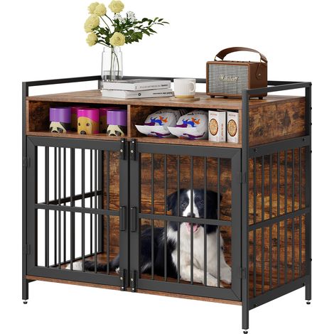 VEVOR Cage pour Chien 1041x599x919 mm Meuble Cage Chien en Bois Moderne Interieur Multi-usages avec Double Porte et Cubes de Stockage pour Chiens Grande/Moyenne Taille Jusqua 31 kg, Marron Rustique