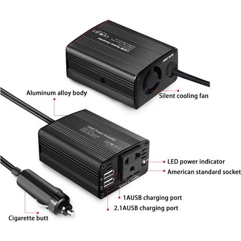 Convertisseur 12V vers 220V 150W avec double prise USB, chargeur voiture, adaptateur allume-cigare, onduleur de puissance EU (1/4)