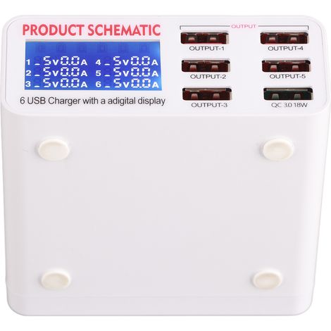 Hub de chargement USB 6 ports avec écran LCD numérique, identification automatique, station de chargement USB de bureau, prise UE 100-240 V (1/5)
