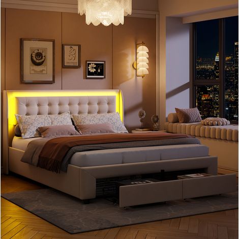 Etagenbett 140/190 cm in Beige mit Schubladen, LED-Beleuchtung und Stoffbezug (1/5)