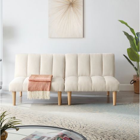 Divano letto 167 cm beige in tessuto a coste con schienale reclinabile a 3 posizioni e gambe in legno (1/5)