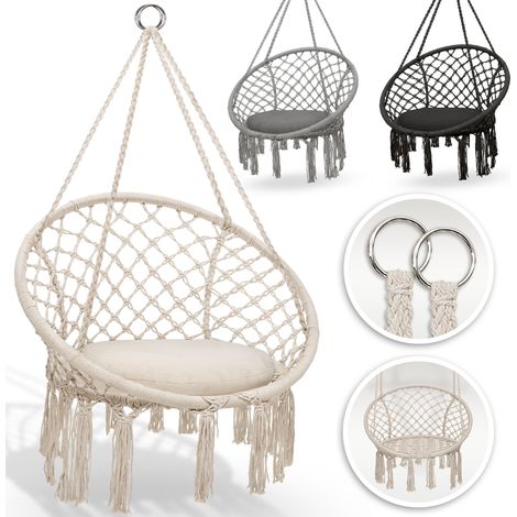 tillvex Hängesessel Beige 150kg zum Aufhängen Hängestuhl Indoor & Outdoor Hängekorb wetterfest Schaukelkorb mit Kissen