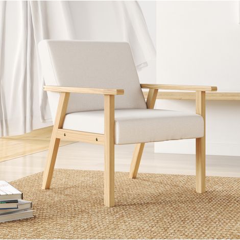Fauteuil lounge scandinave en tissu, avec accoudoirs, assise large, structure bois en A et coussins épais, pour salon, chambre ou coin lecture, blanc crème  CHICFURN (1/5)