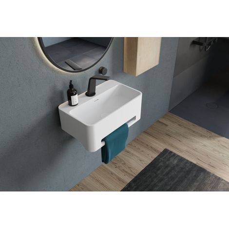 BERNSTEIN - Vasque / Lavabo mural rectangulaire Fonte minérale 50x31x20cm Blanc mat, avec bonde pop-up + cache blanc - NT8558 Blanc mat, Avec bonde Pop-up, Avec cache couvercle en blanc