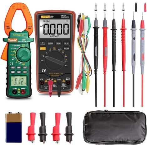Multimètre numérique à plage automatique et pince multimètre – avec sac de rangement, pinces crocodiles pour batterie, fils de test pour tension AC/DC/courant, alerte de tension, amplificateur Ohm/Vol (1/5)