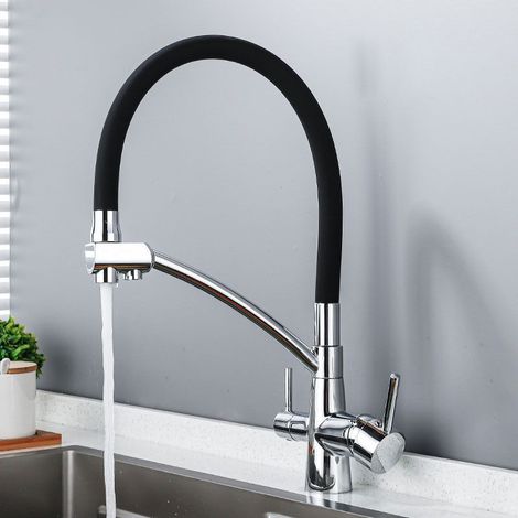 Dreiwege-Küchenarmatur, flexible Mischbatterie, 360° verstellbare Trinkwasser-Spültischarmatur (Doppelgriff), Messingkorpus, silber/schwarz beschichtet (1/5)