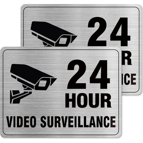24-Stunden-Videoüberwachungsschild, silbernes Aluminium, 20,4 x 15,2 cm, wasserfest und selbstklebend, geeignet für Restaurants und Geschäfte, 2er-Pack.