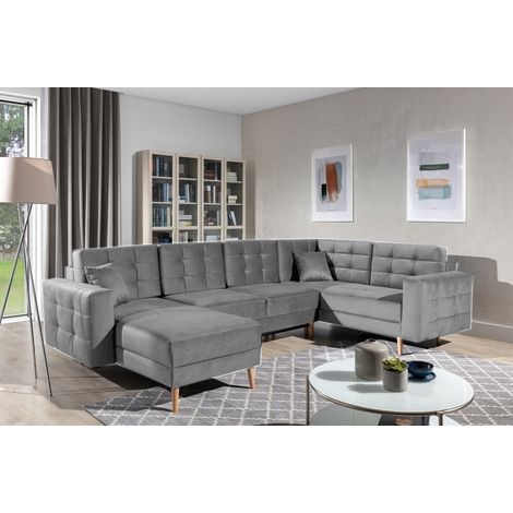 Canapé panoramique convertible - ASMA VELOURS - en tissu de qualité 5 places, gris, méridienne à gauche et angle à droite (vu de face) (1/5)