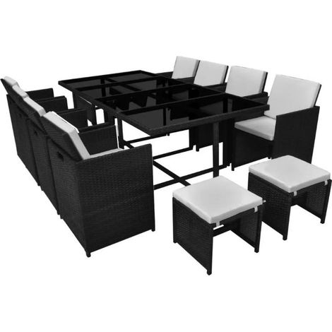 Table rectangulaire et 8 chaises de jardin résine tressée noir Iris 2 (1/5)