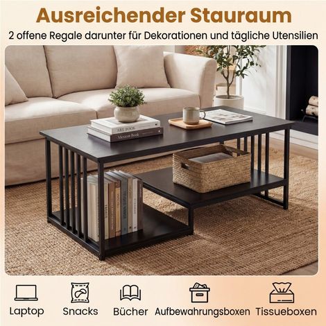 Table basse rectangulaire avec 2 étagères et cadre métallique robuste, table d'accent moderne - noir (1/5)