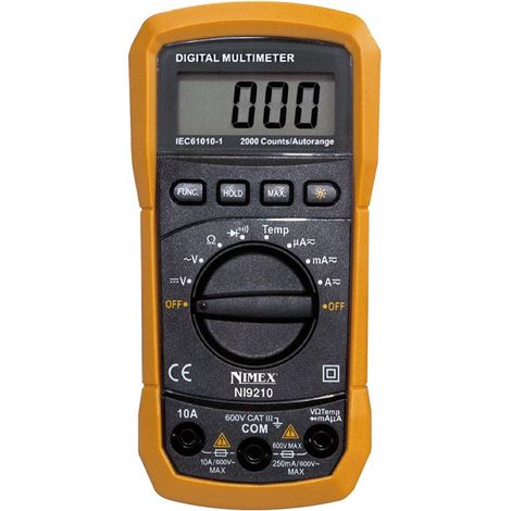 Multimetro digitale autorange 3,5 digit Nimex NI9210 CAT III 600V - Funzioni: tensione DC, tensione AC, corrente DC, corrente AC, resistenza, temperatura, prova diodi, test di continuità