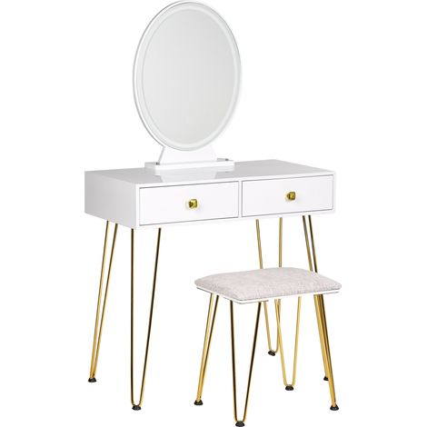 Tocador LED blanco dorado 75 x 40 cm MDF 2 cajones espejo taburete Caen