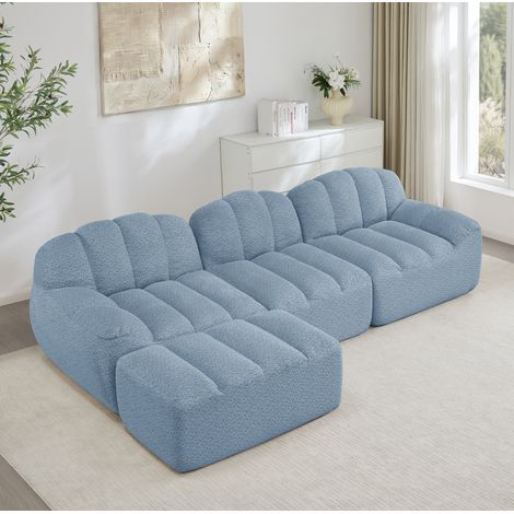 Canapé d'angle modulable 3 places avec 1 pouf, forme L, assise profonde, tissu bleu DESVIAE (1/5)