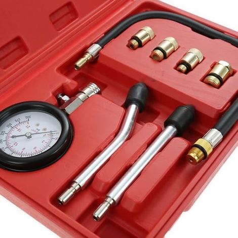 Ecleanfy - Testeur de compression, compresseur pour voiture, moto et bateau à essence, 9 pièces avec étui rouge, matériau : acier C45 (1/4)