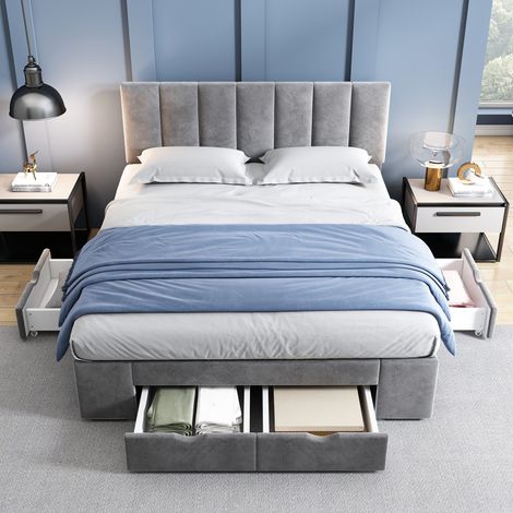 Lit velours gris 140x200 cm avec sommier, dossier et 4 tiroirs de rangement, lit rembourré moderne (1/4)
