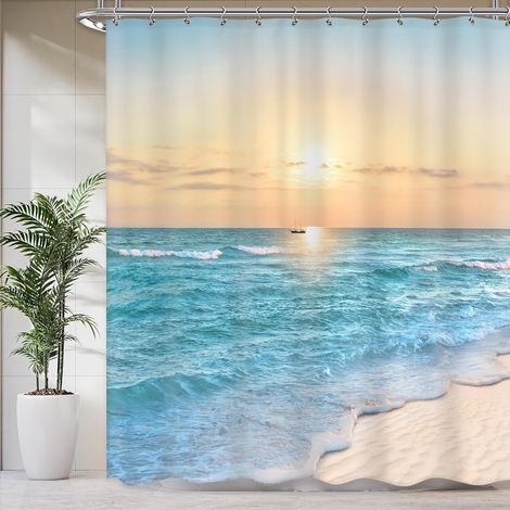 Rideau De Douche - Polyester Imperméable - Motif Plage Tropical - 152 X 183 Cm - 12 Anneaux En Plastique - 1 Pièce (1/4)