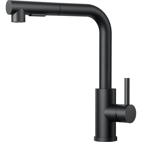 Robinet Cuisine Noir, Mitigeur Cuisine avec Douchette Extractible, 2 Modes de Pulvérisation et Pivotante à 360°, En Forme de L Acier Inoxydable Monolevier Robinet Evier (1/5)