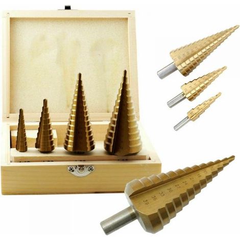 SET 4 PUNTE FRESE CONICHE A SCALINO GRADINI ALLARGA FORI 4-39 MM (1/3)