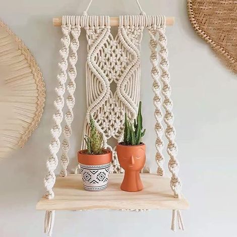 Étagère Murale en Macramé, Flottante Bois à Un Étage Boho Tapisserie Décoration Murale Coton Rideaux en Macramé Faits à la Main pour Les Portes Salon Chambre à Coucher (1/4)