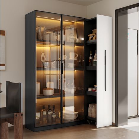 Mobile multifunzione 110.5x35x160 cm, libreria e vetrina con LED, MDF e vetro, nero bianco (1/5)