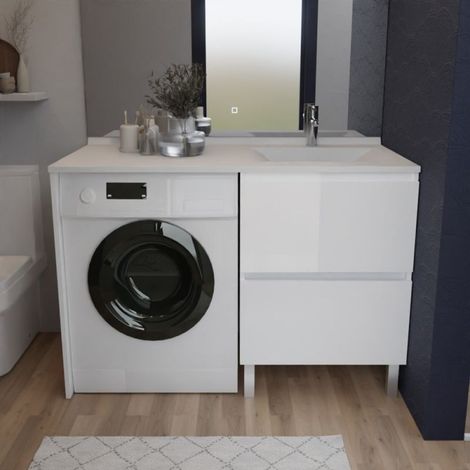Waschmaschinenschrank IDEA mit versetztes Waschbecken 124 cm x 65 cm Ò Weifl Ò Waschbecken rechts