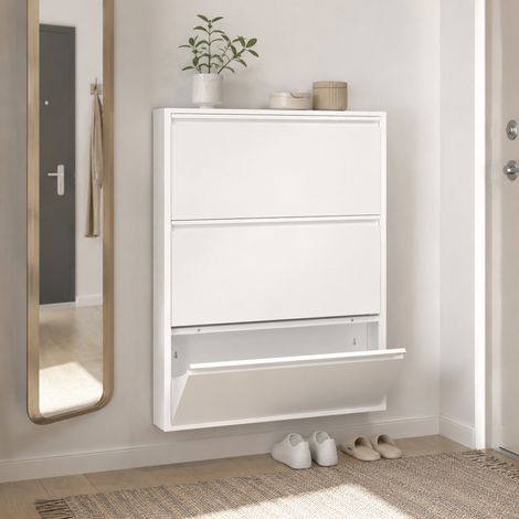 Mobile scarpiera da parete 80x15x110 cm in metallo bianco, 3 ante a ribalta - MEUBLIV (1/5)