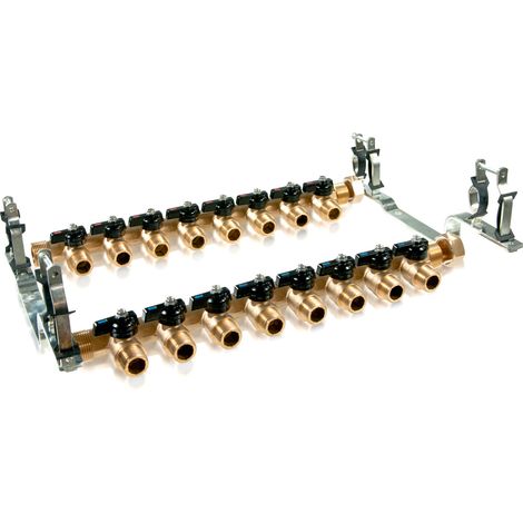 Arcanaute – Kit collecteur pour plancher chauffant 8 circuits – 2 collecteurs mâle 20/27 – 2 femelles 15/21 – 8 mini-vannes monoblocs – Bouchons laiton inclus