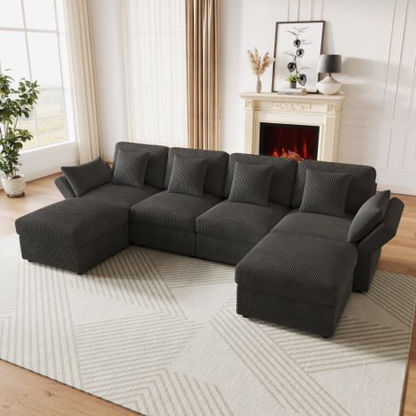 Canapé d'angle en U gris modulaire 6 places en velours côtelé avec accoudoirs réglables et repose-pieds amovible, canapé pour salon (1/5)
