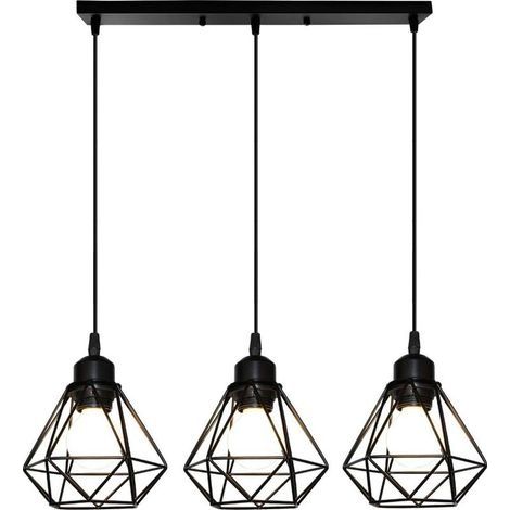 Lustre Suspension Industrielle Métal Forme Diamant 3 Luminaires Plafonniers E27 Vintage Lampes de Plafond Abat-Jour Ø205mm (16cm-avec une barre du support) (1/5)