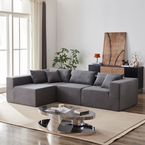 Canapé d'angle Convertible en L,canapé 4 Places modulable,canapé Convertible lit canapé Pliant,avec 6 Coussin de dossier décoratif,velours côtelé,Aucun assemblage requis,Gris