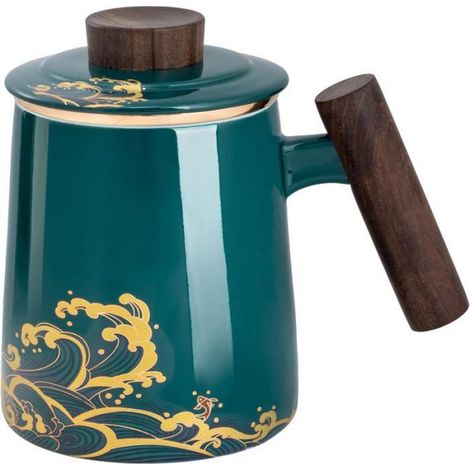 Tasse thé céramique 420 ml avec infuseur/couvercle, motifs vagues vert foncé. (1/5)
