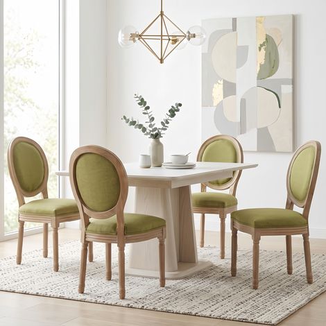 Lot de 4 Chaises Bois Massif - Dossier confortable Lin Rembourrée, finition vieillie - style campagnard, vert olive (1/5)