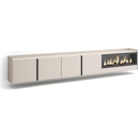 Skraut Home - Meuble TV, Banc Télé, Grand espace de Rangement, 315x35x50cm, Pour les TV jusqu'à 80", Cheminée électrique XXL, Suspendu, Mural, Style moderne, Beige (1/5)